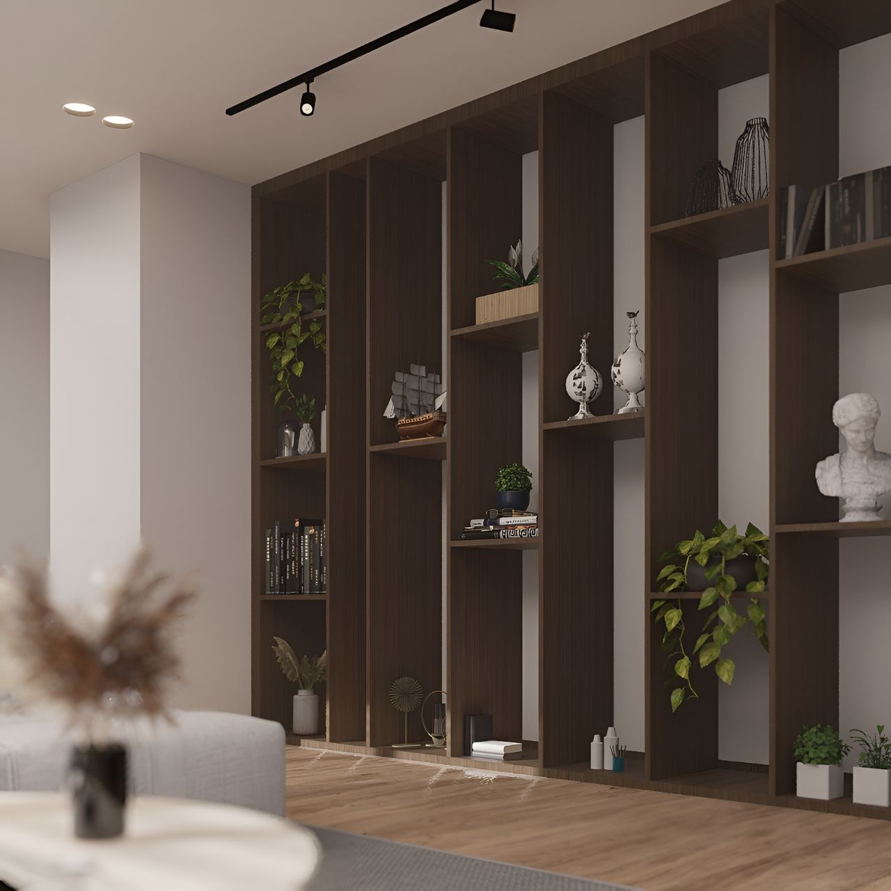 Styled mockup unit with custom shelving display